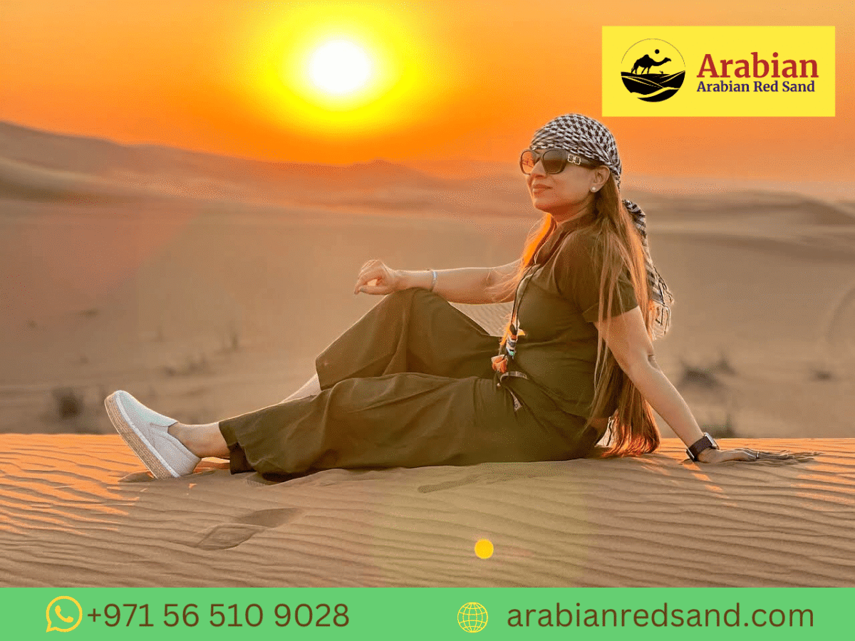 A couple sitting on golden dunes during sunset, backs facing camera, holding hands, Land Cruiser parked at a distance. Soft warm tones, romantic vibe