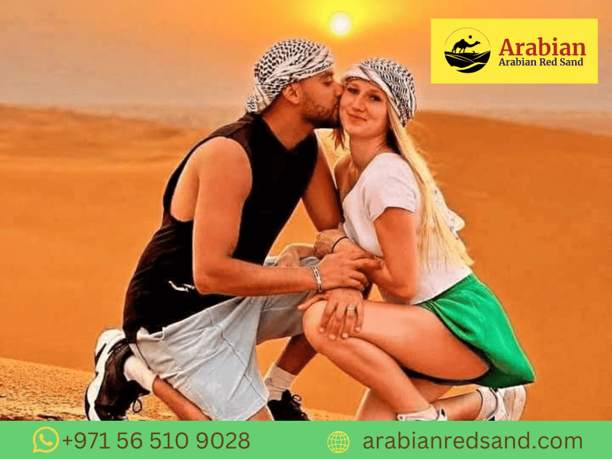 A couple sitting on golden dunes during sunset, backs facing camera, holding hands, Land Cruiser parked at a distance. Soft warm tones, romantic vibe.